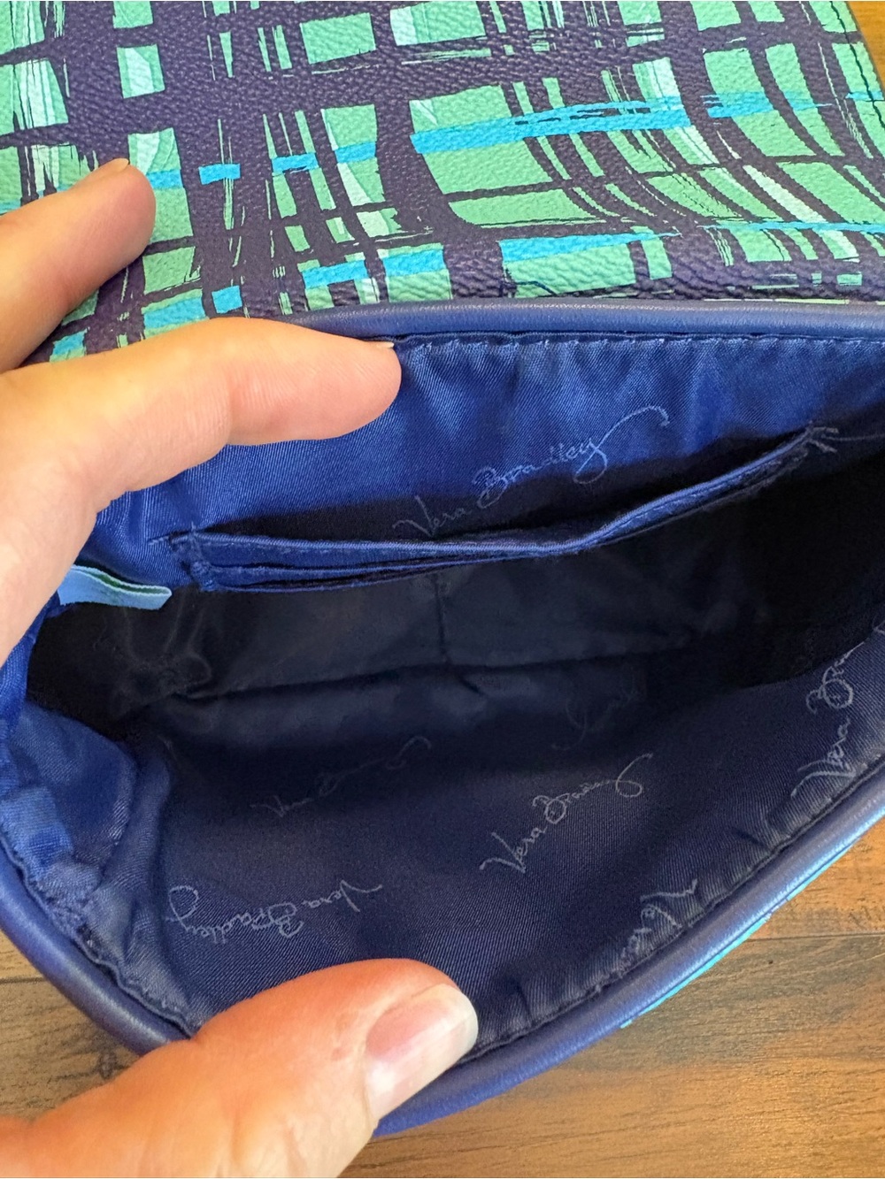 VERA BRADLEY Tassel Crossbody Purse Navy Teal Art Plaid Faux Leather - Picture 4 of 10